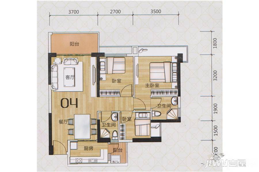 幸福天禧3室2厅2卫89.8㎡户型图