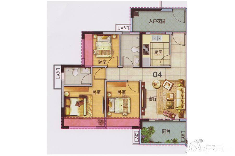 东方玫瑰园3室1厅2卫88.7㎡户型图