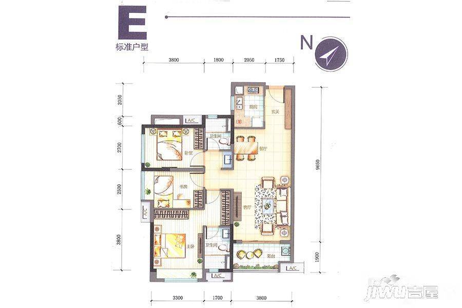 万科金域蓝湾3室2厅2卫107㎡户型图