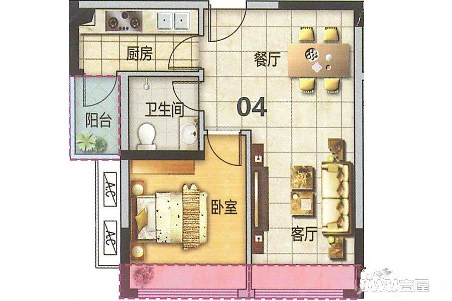 东方玫瑰园1室1厅1卫59.5㎡户型图