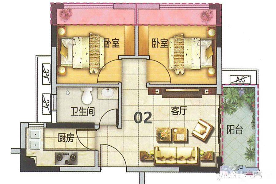 东方玫瑰园2室1厅1卫63.2㎡户型图