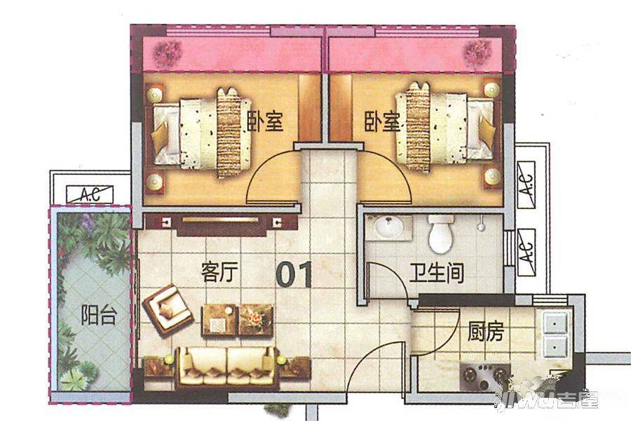 东方玫瑰园2室1厅1卫63.3㎡户型图