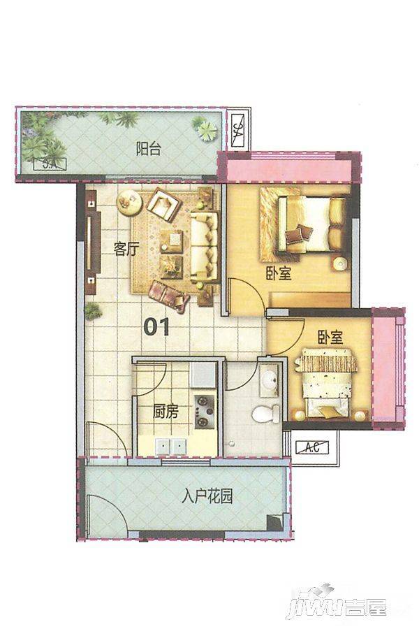 东方玫瑰园2室1厅1卫73.3㎡户型图