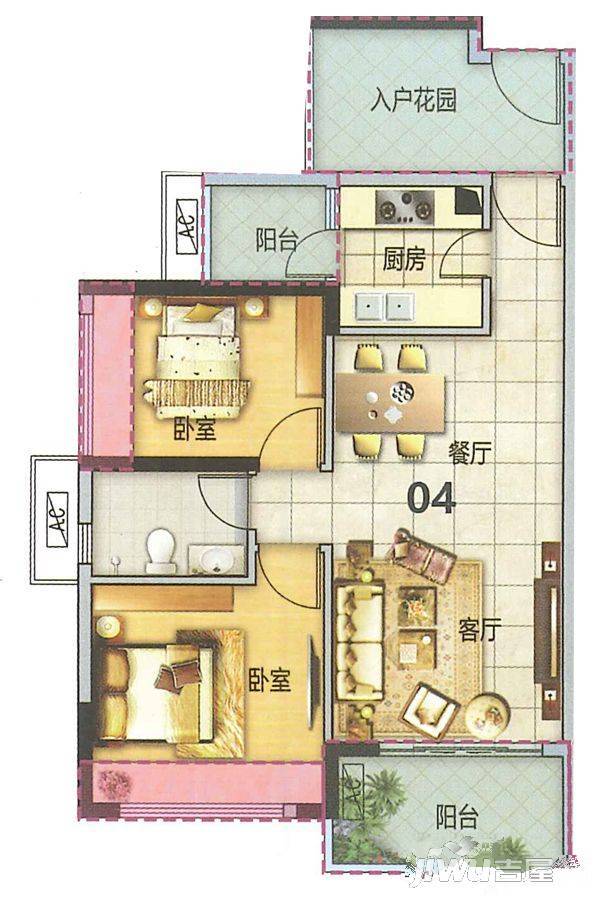 东方玫瑰园2室1厅1卫80.3㎡户型图