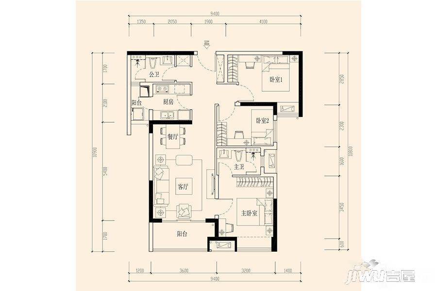 海伦时光3室2厅2卫93㎡户型图