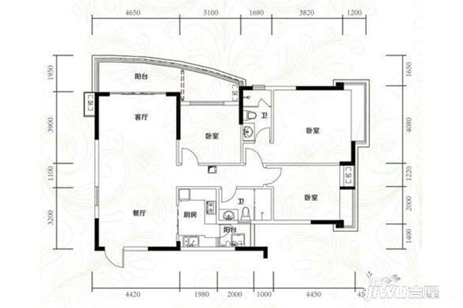 京珠花园3室2厅2卫120㎡户型图