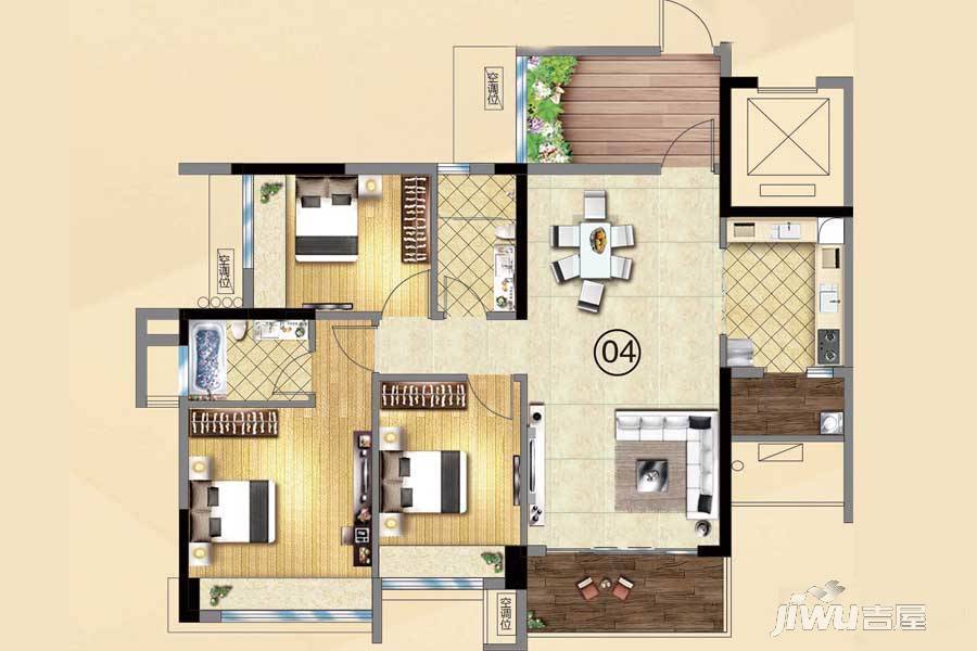 利信花园3室2厅2卫107.4㎡户型图