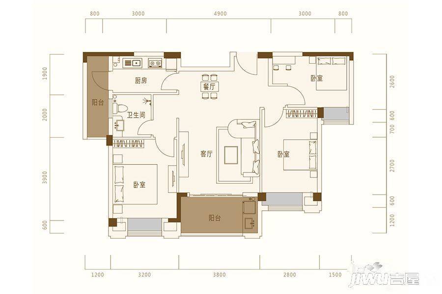 文信朗庭3室2厅1卫95㎡户型图