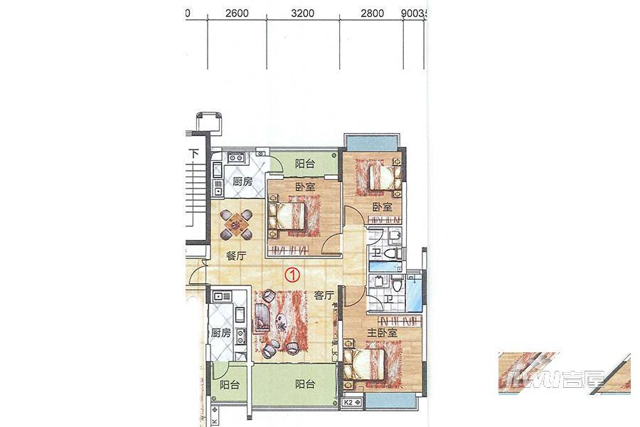 蓝天金地3室2厅2卫109.5㎡户型图