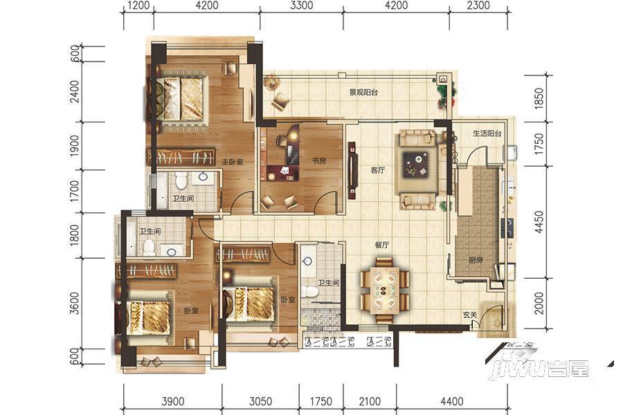 幸福华庭4室2厅3卫169㎡户型图