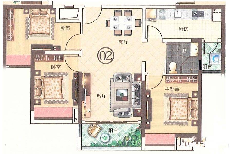 合生帝景城3室2厅1卫95.6㎡户型图