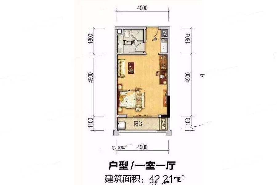 东方玫瑰园1室1厅1卫42.2㎡户型图