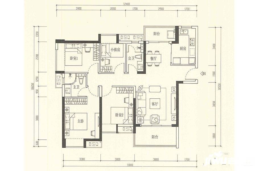 海伦时光4室2厅2卫113.7㎡户型图