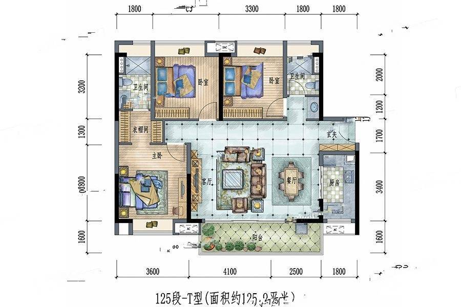 保利远洋领秀山3室2厅2卫125.9㎡户型图