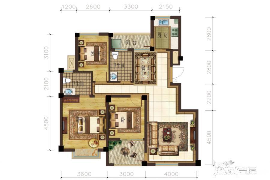 城市首府3室2厅2卫118㎡户型图