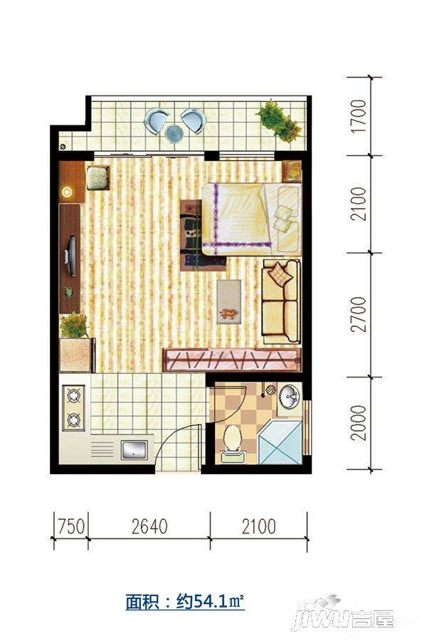 裕田公馆1室1厅1卫54.1㎡户型图