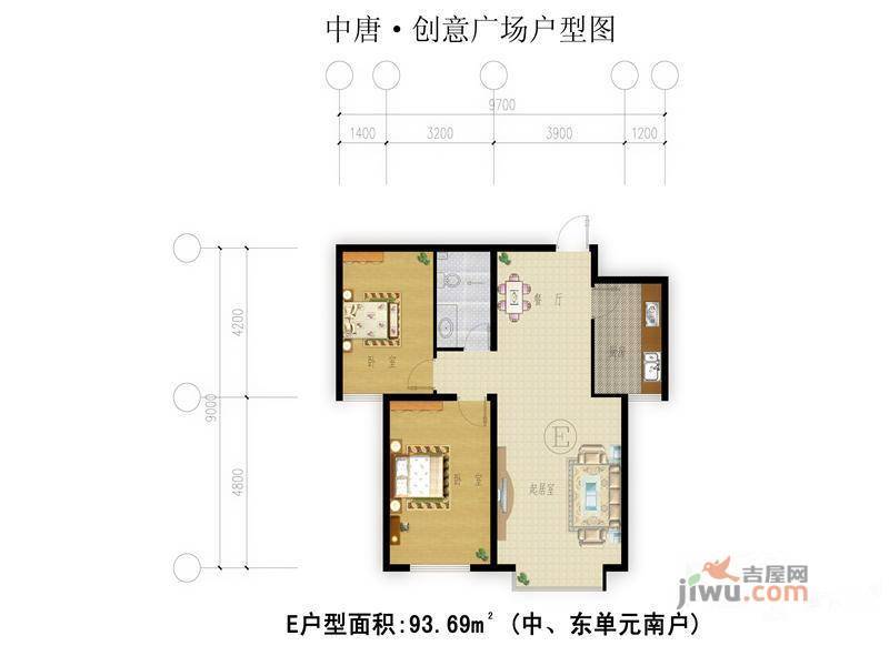 中唐创意广场2室2厅1卫93.7㎡户型图