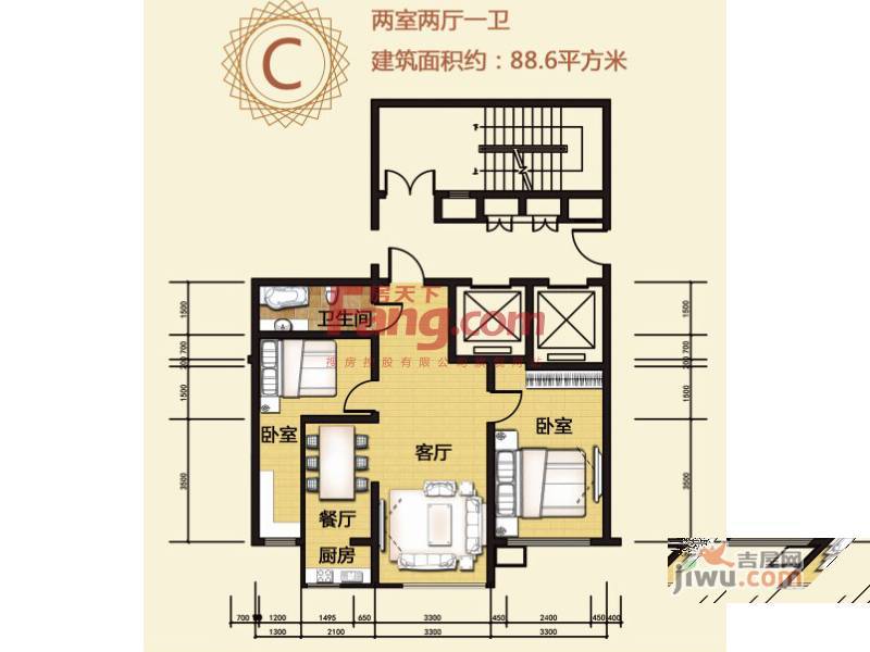 虹美嘉园2室2厅1卫88.6㎡户型图