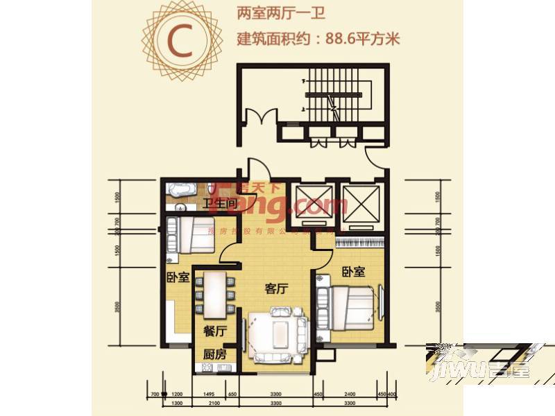 虹美嘉园2室2厅1卫88.6㎡户型图