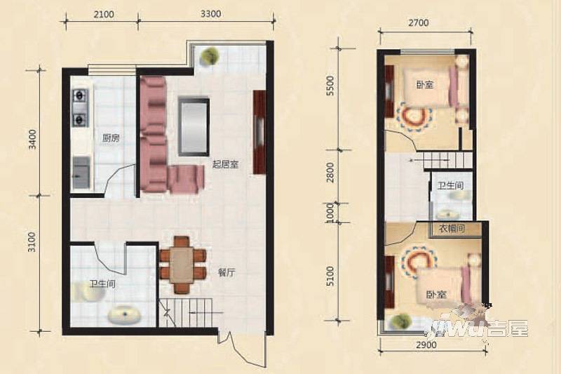 西岸国际2室2厅2卫49.2㎡户型图