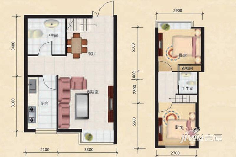 西岸国际2室2厅2卫49.2㎡户型图