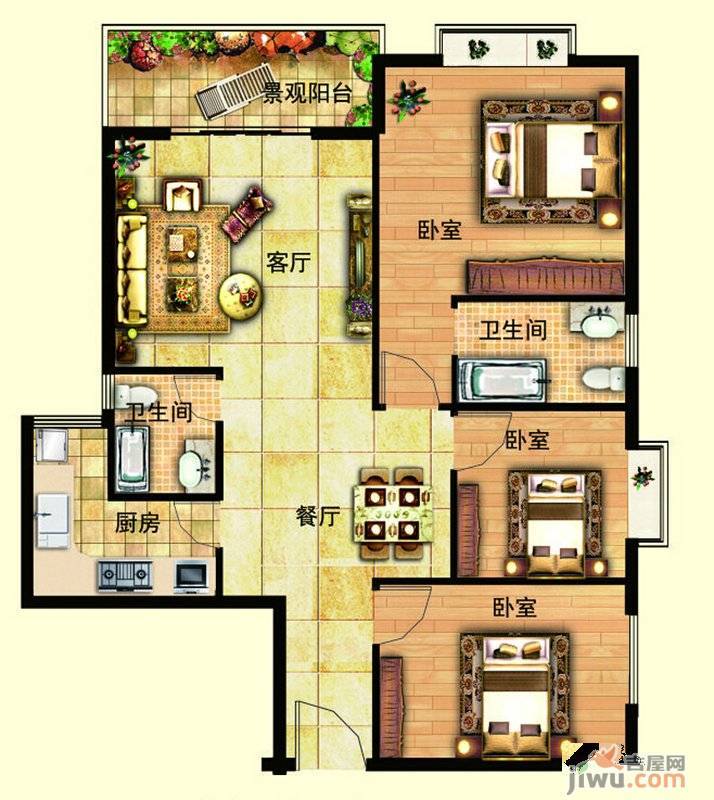 富瑞雅轩3室2厅1卫98.9㎡户型图