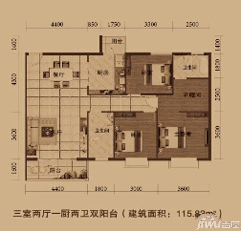 海天名城3室2厅2卫113.5㎡户型图