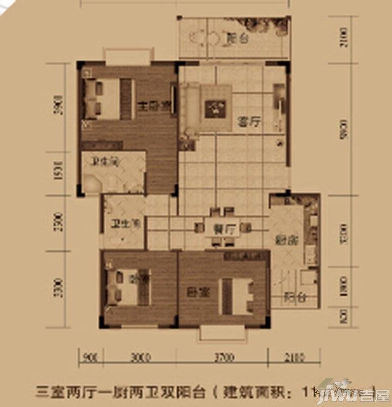 海天名城3室2厅2卫113.5㎡户型图