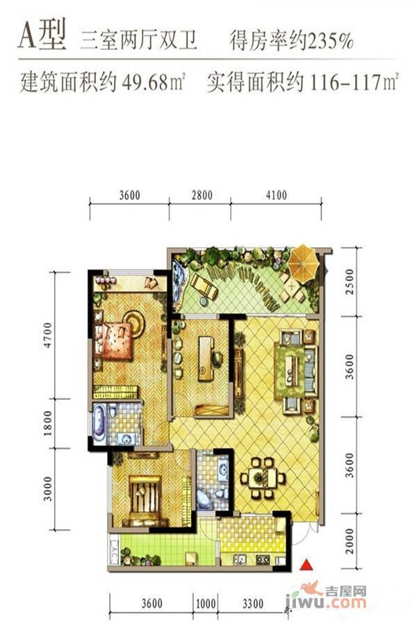 华庆萧邦3室2厅2卫117㎡户型图