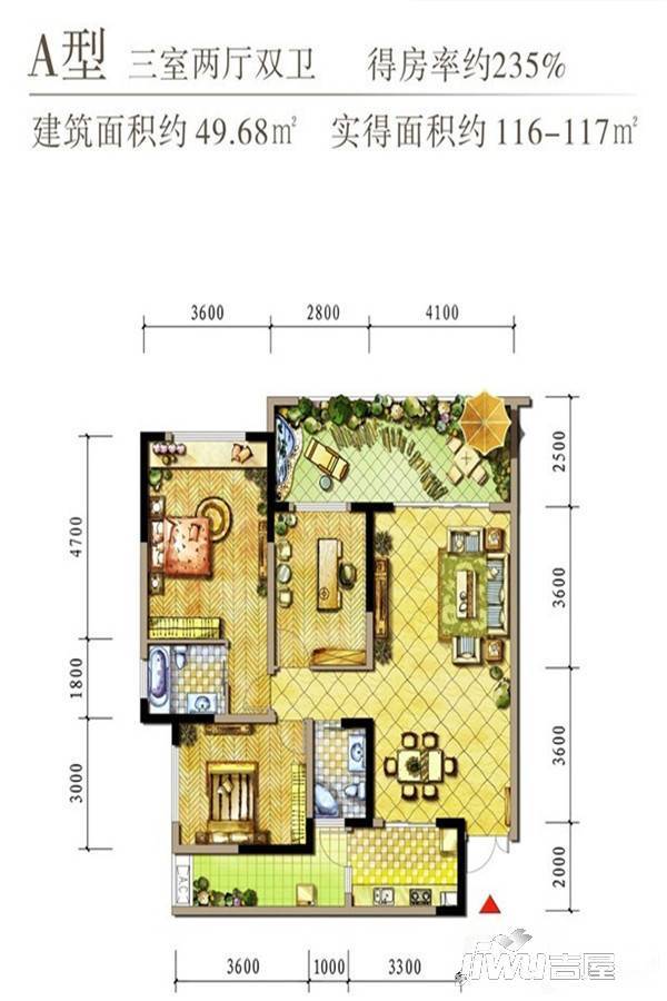 华庆萧邦3室2厅2卫117㎡户型图