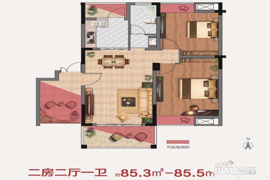 江中盛世峰景2室2厅1卫85.5㎡户型图