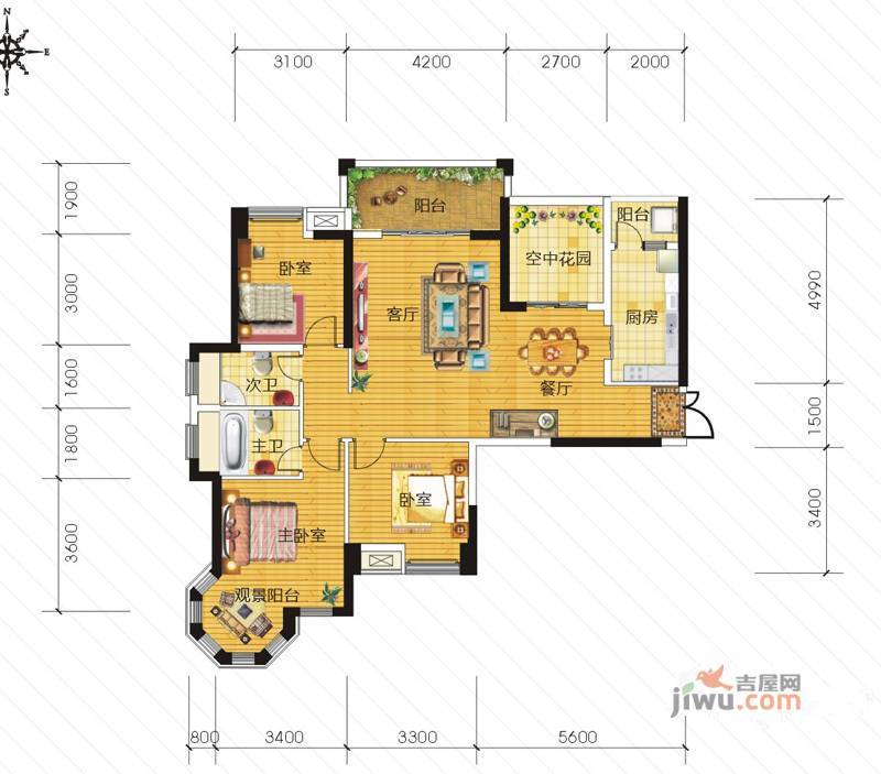 东信华府3室2厅2卫121.8㎡户型图