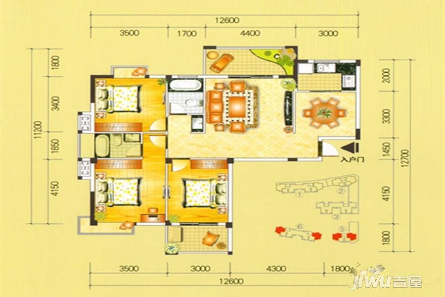 丽江明珠3室2厅2卫121㎡户型图