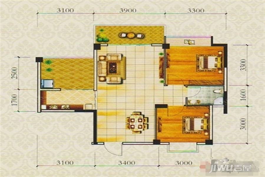 崇左上上城2室2厅1卫81.1㎡户型图