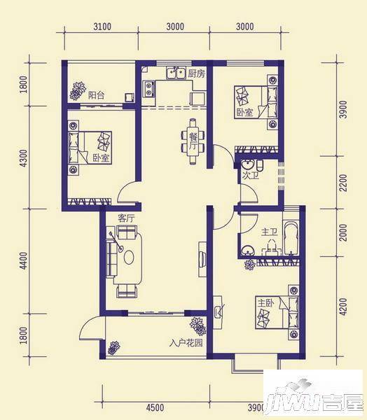 龙胤财富广场3室2厅2卫113.8㎡户型图