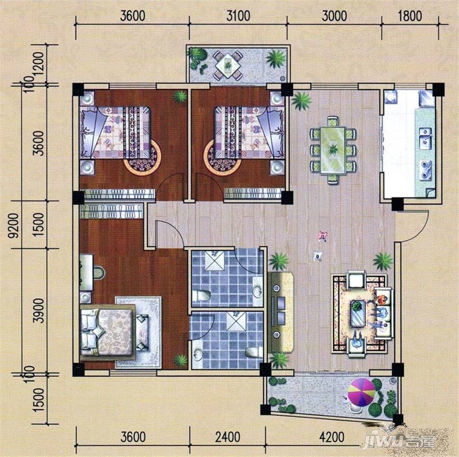 世纪花园3室2厅2卫113.4㎡户型图