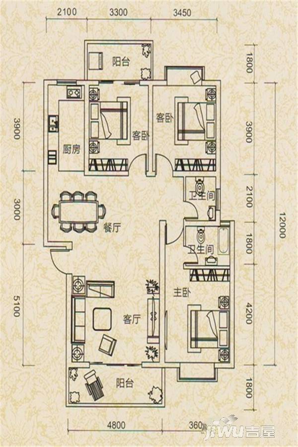 熙龙国际3室2厅2卫121.3㎡户型图