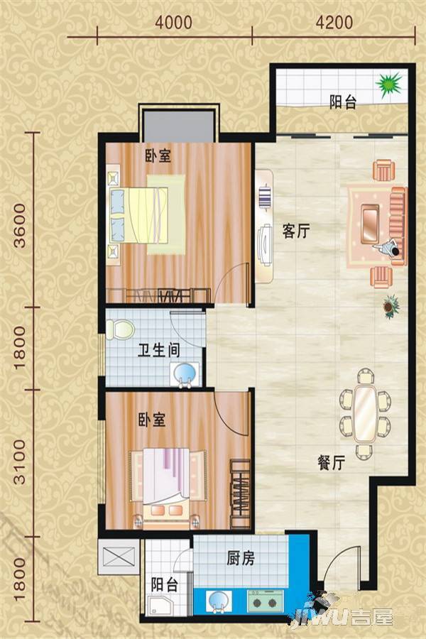 宝鼎名邸2室2厅1卫89.7㎡户型图