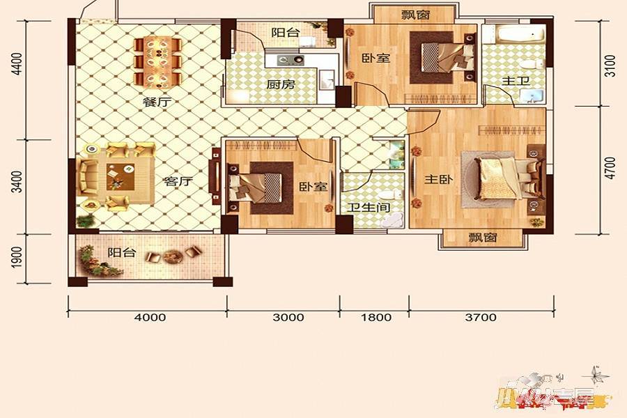 万景山水城3室2厅2卫117.3㎡户型图