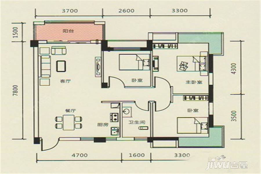 腾龙新华广场3室2厅1卫92㎡户型图