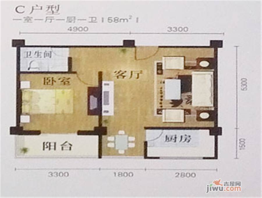 华港兴居1室1厅1卫58㎡户型图