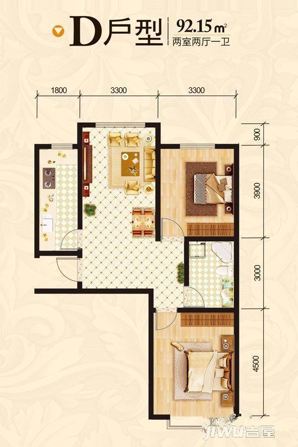 天宝名都2室2厅1卫92.2㎡户型图