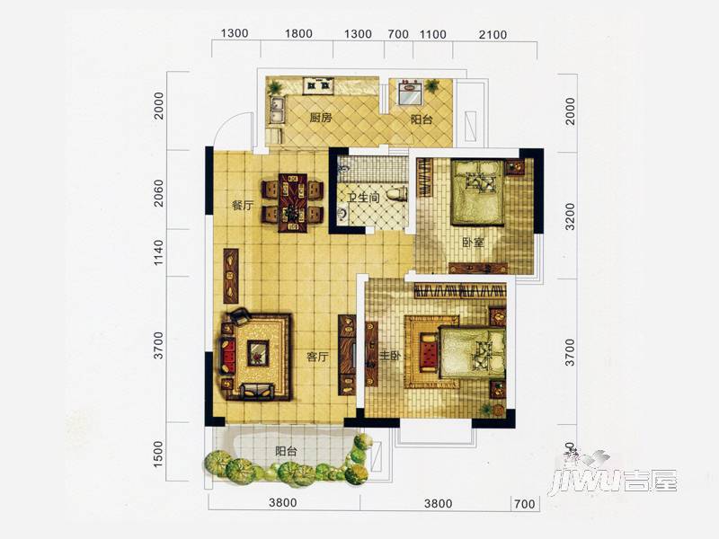 万象城益佳苑2室2厅1卫77.3㎡户型图