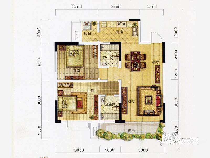 万象城益佳苑3室2厅2卫91.8㎡户型图