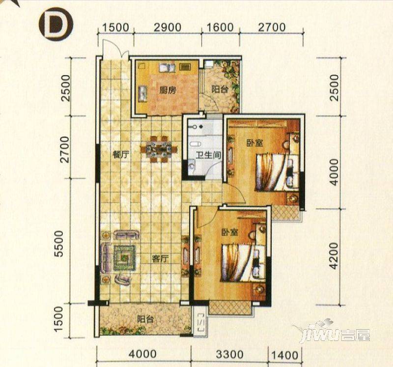 万象城益佳苑2室2厅2卫94.7㎡户型图