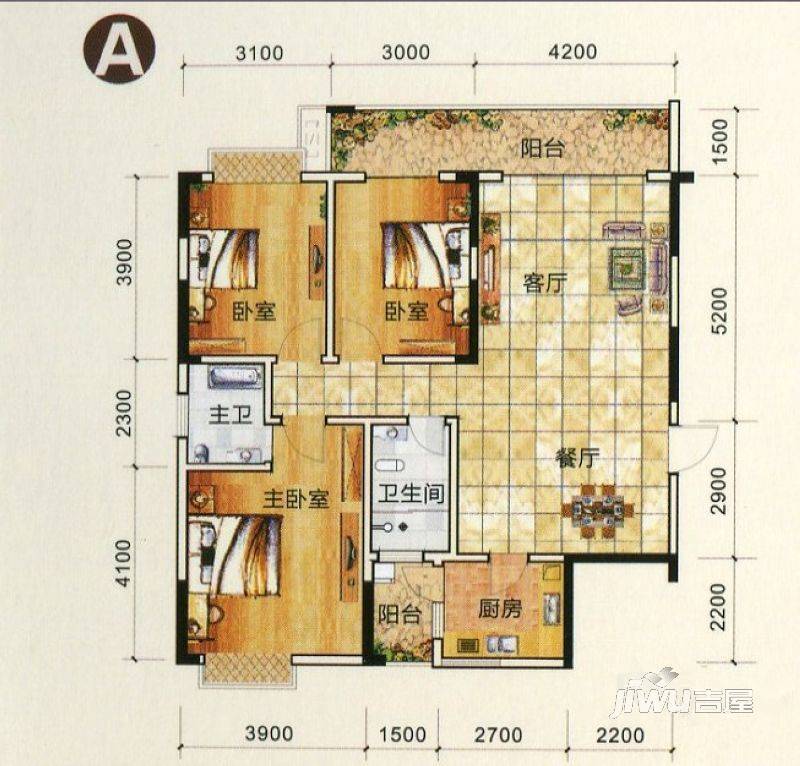 万象城益佳苑3室2厅2卫122.2㎡户型图