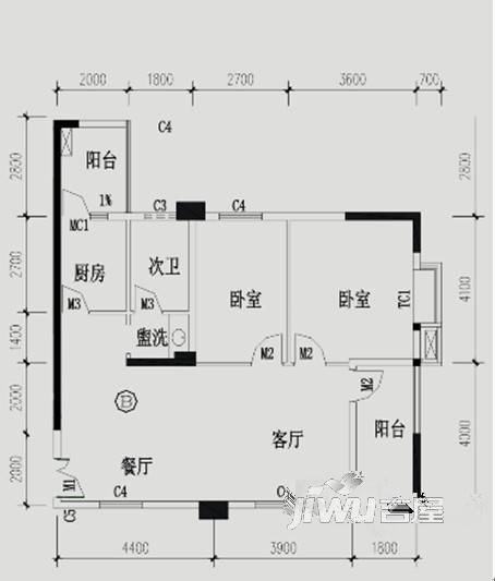 翰林轩2室2厅1卫98.5㎡户型图