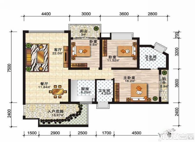 安厦尚城风景3室2厅2卫117㎡户型图