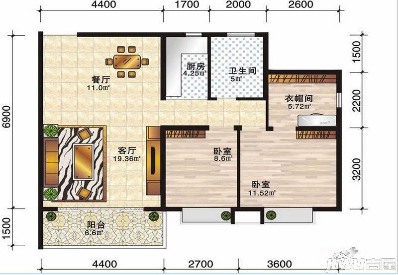 安厦尚城风景2室2厅1卫75.4㎡户型图