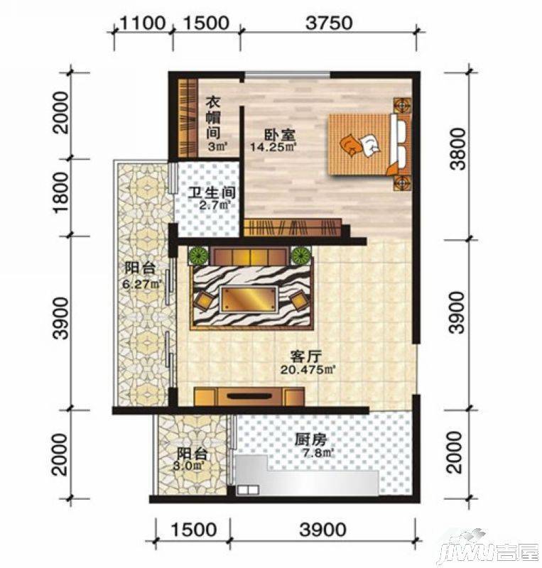 安厦尚城风景1室1厅1卫60.5㎡户型图